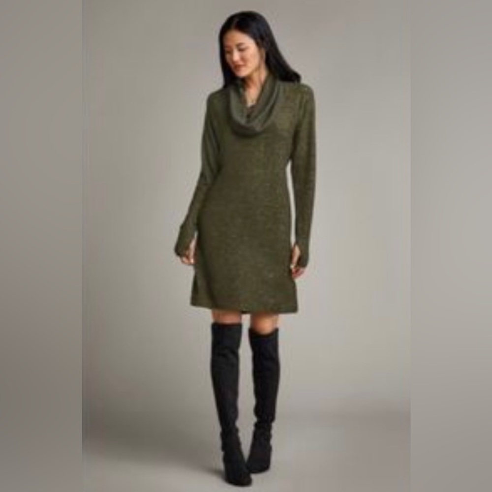 CAbi Cowl Neck Solace knee length Dress in Olive Green.Size Small.
